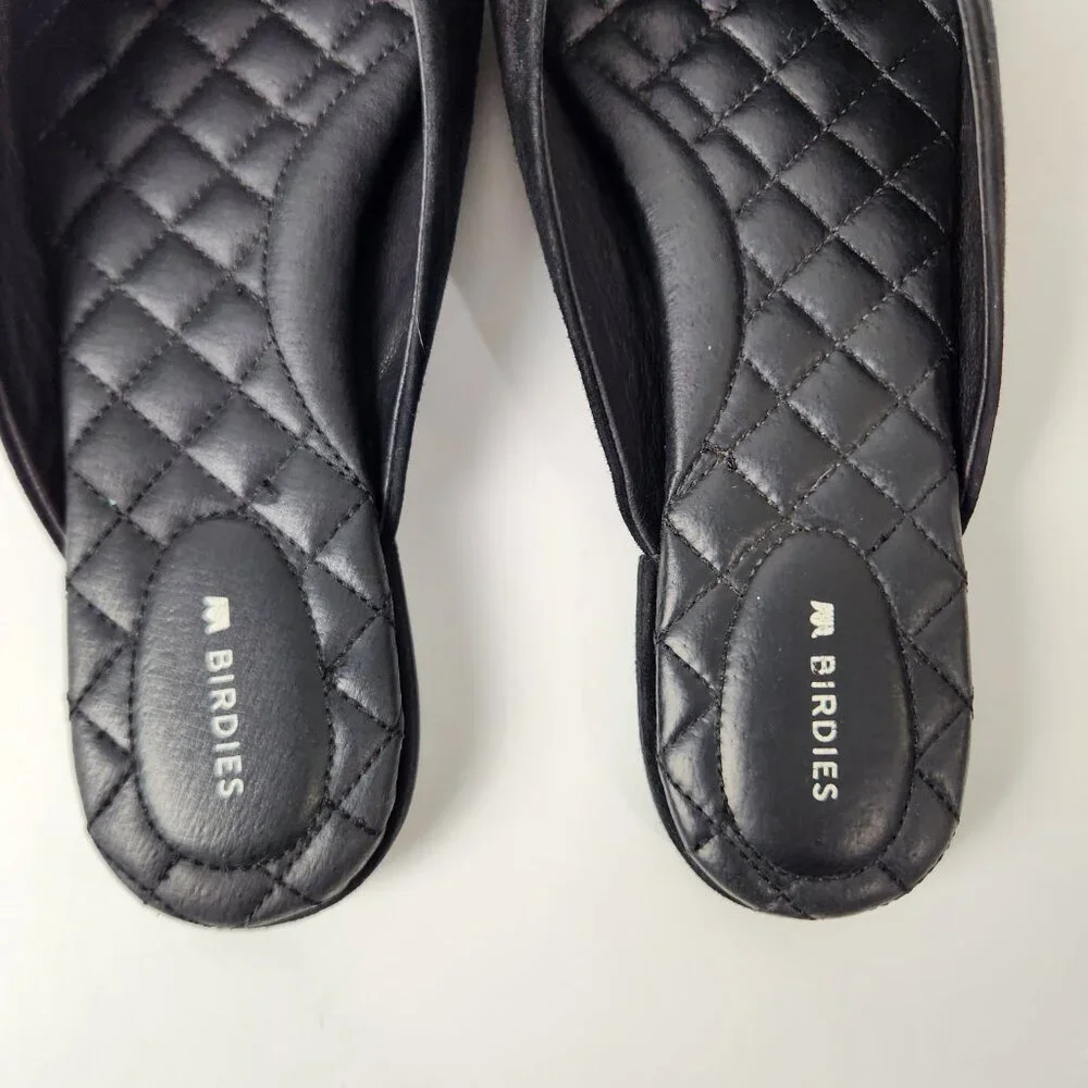 Birdies Shoes Womens 9.5 Black Swan Suede Mules Quilted Flats Leather Slip On - Picture 6 of 14